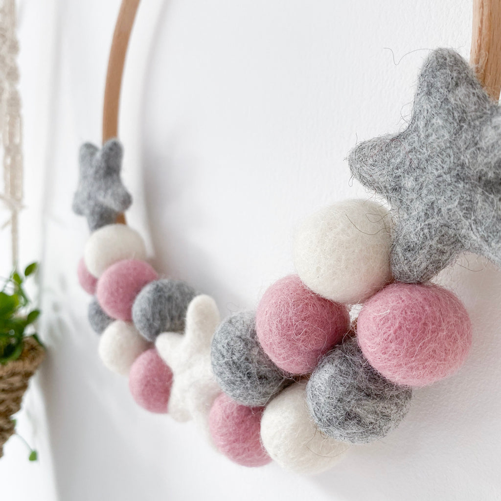 Felt Ball And Star Hoop In Pink, Grey and White By Stone & Co - stoneandcoshop
