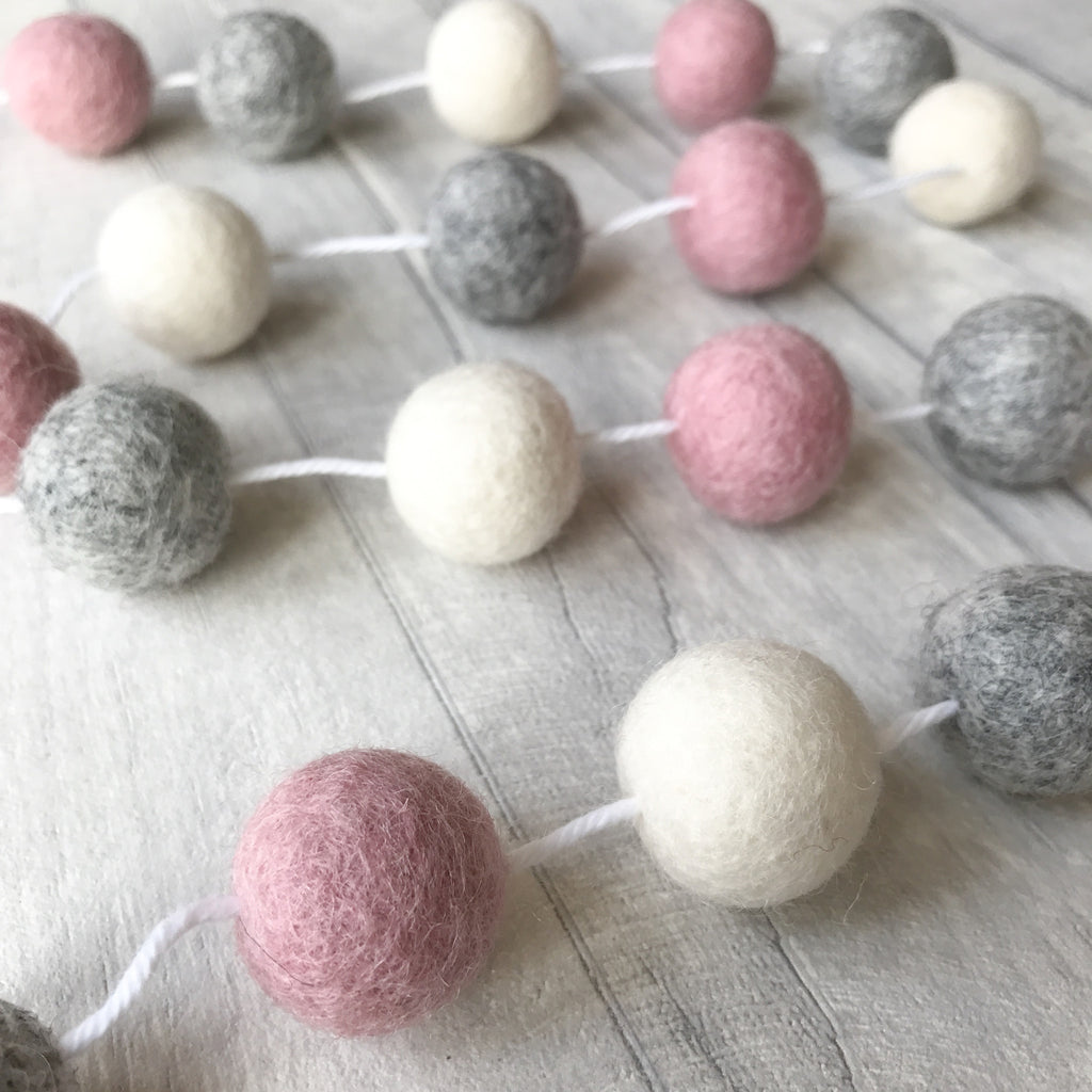 Stone and Co Felt Ball Pom Garland Dusty Pink, Natural Grey and Natural White - stoneandcoshop