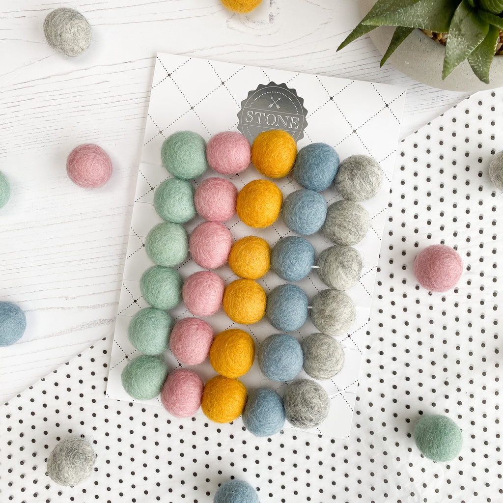Felt Ball Pom Pom Garland in Duck Egg,  Grey, Mustard, Dusty Blue and Pink - stoneandcoshop