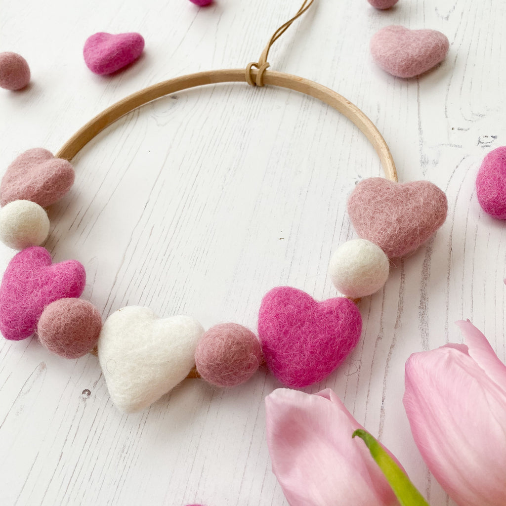 Valentines Felt Heart and Ball Hoop In Dusty Pink, Hot Pink and White.  By Stone & Co - stoneandcoshop