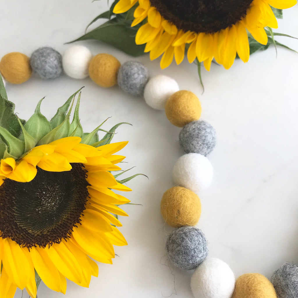 Felt Ball Pom Pom Garland Mustard, Natural Grey and Natural White By Stone and Co - stoneandcoshop
