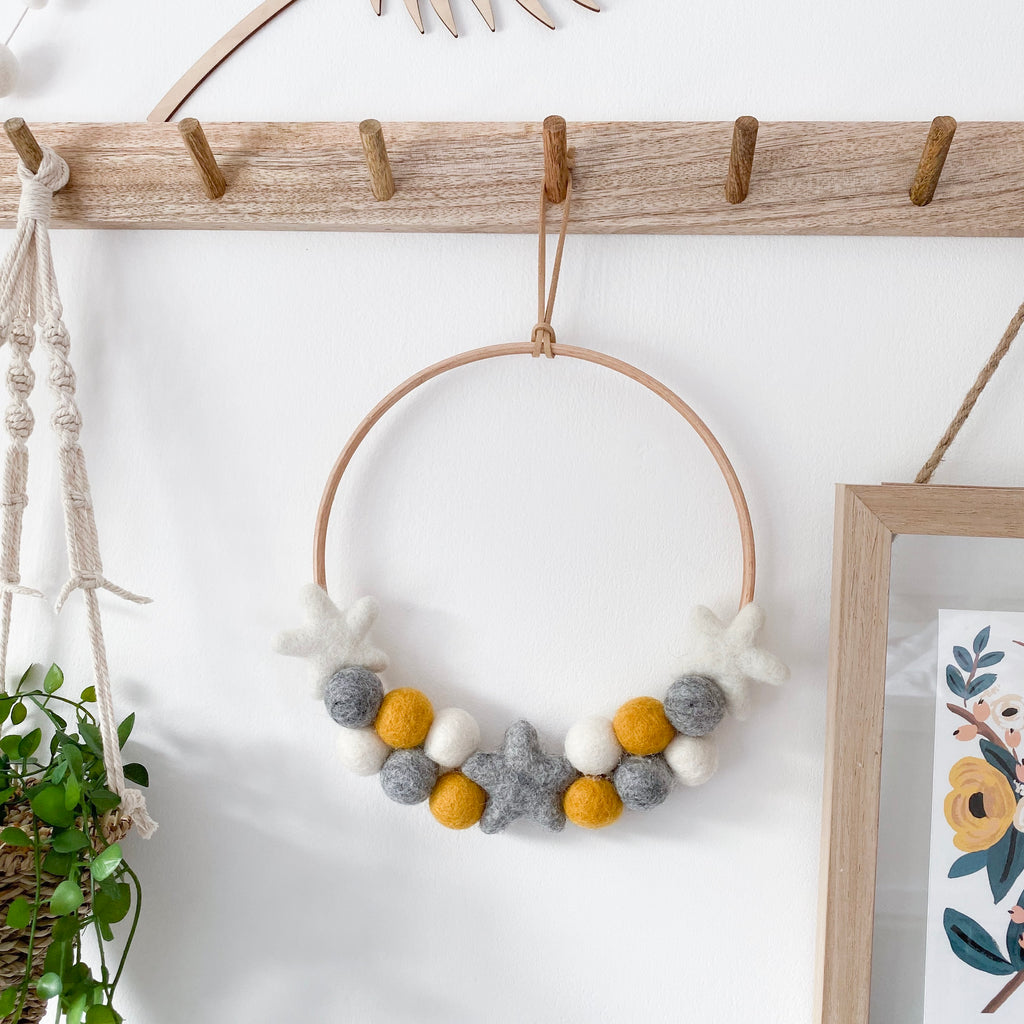 Felt Ball And Star Hoop In Mustard, Grey and White.  By Stone & Co - stoneandcoshop