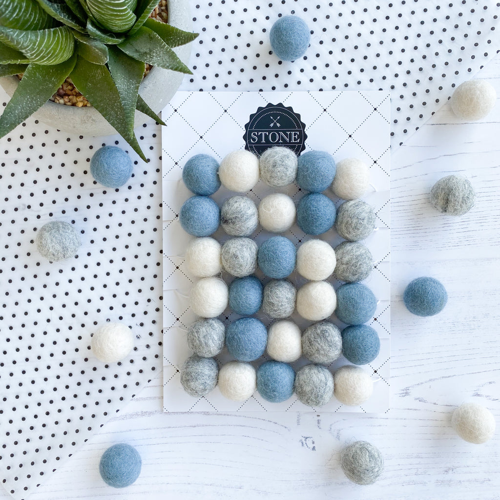 Stone and Co Felt Ball Pom Garland Dusty Blue, Natural Grey And White - stoneandcoshop
