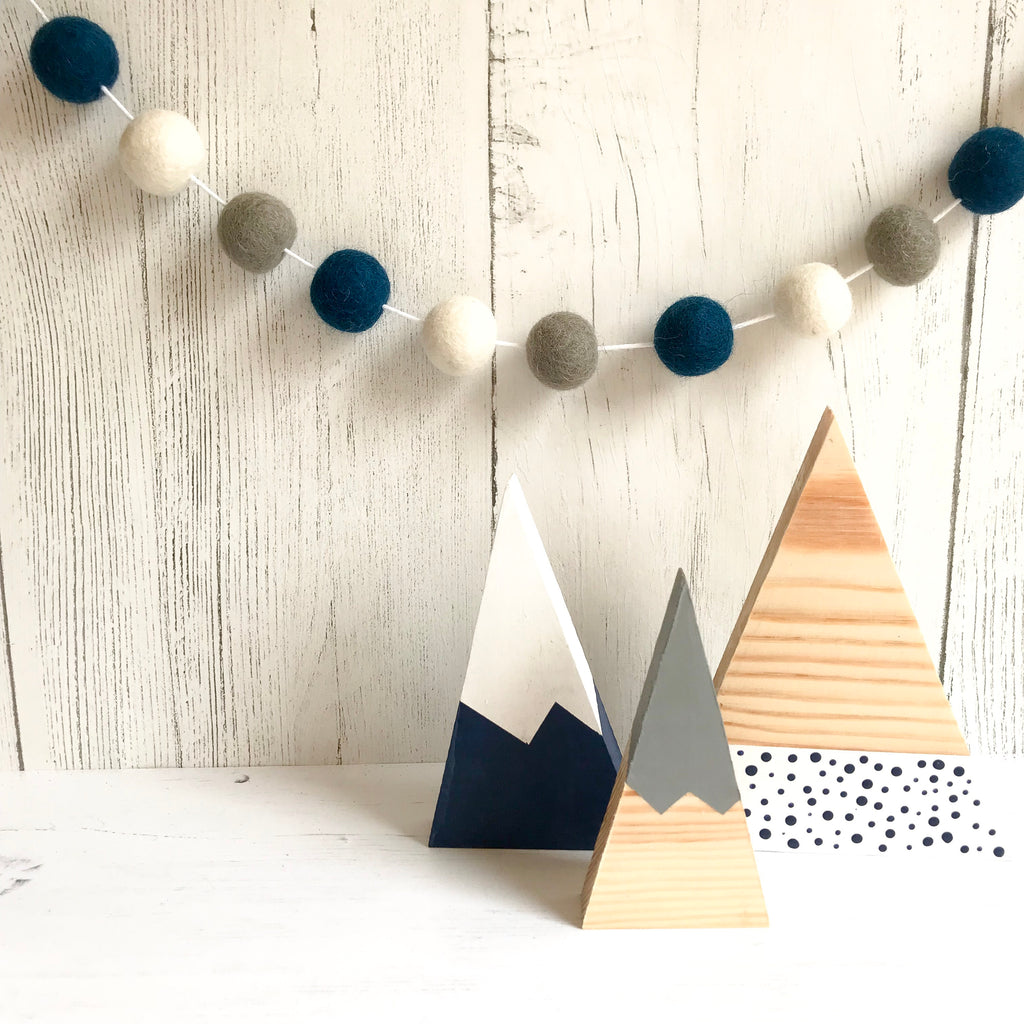 Felt Ball Pom Pom Garland in Petrol Blue, Dove Grey and Pure White - stoneandcoshop