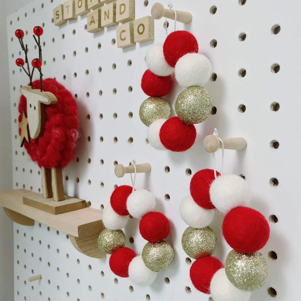 Mini Hanging Felt Ball Wreaths - Red,  White and Glitter Gold - Set of Three - stoneandcoshop