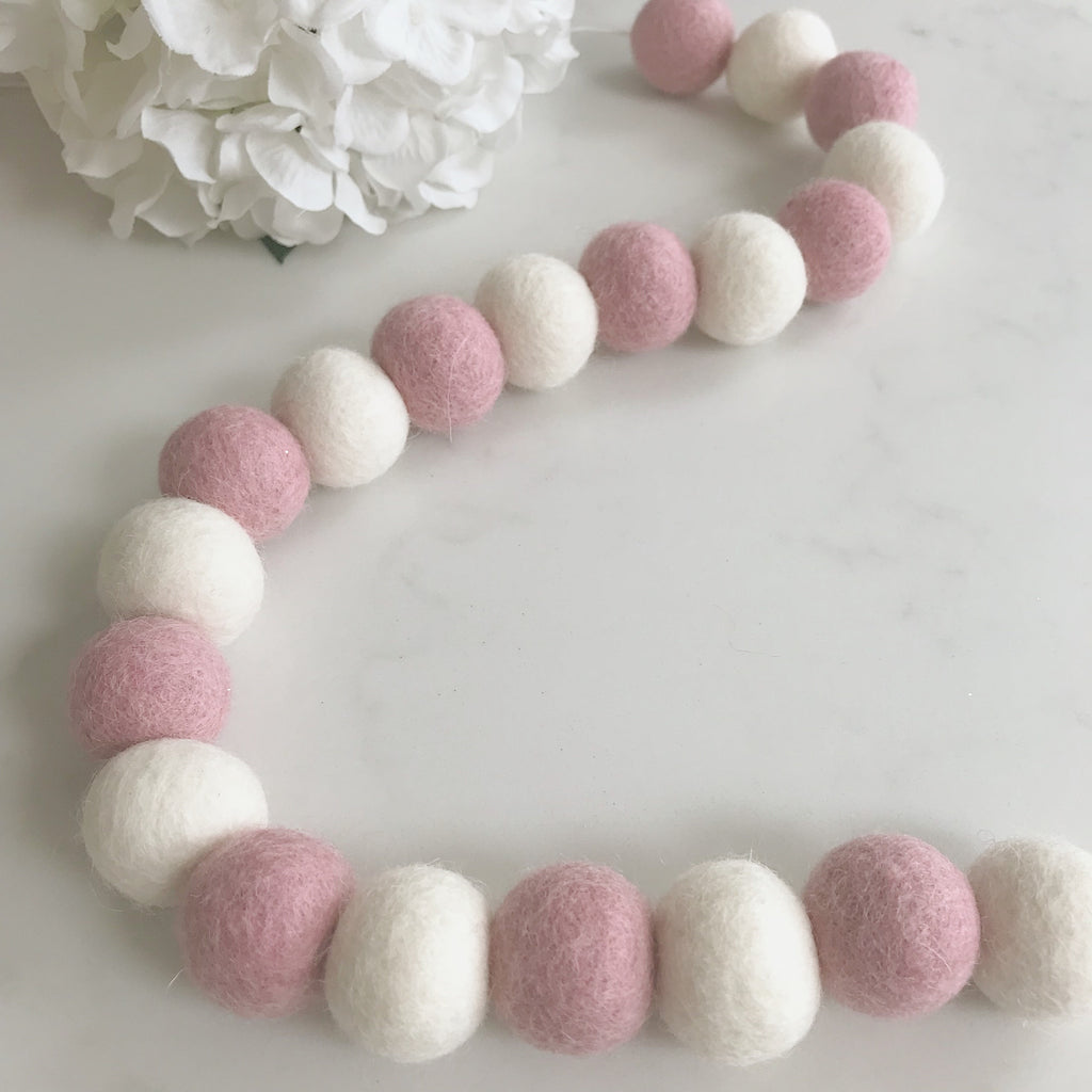 Stone and Co Felt Ball Pom Garland Dusty Pink and Natural White - stoneandcoshop