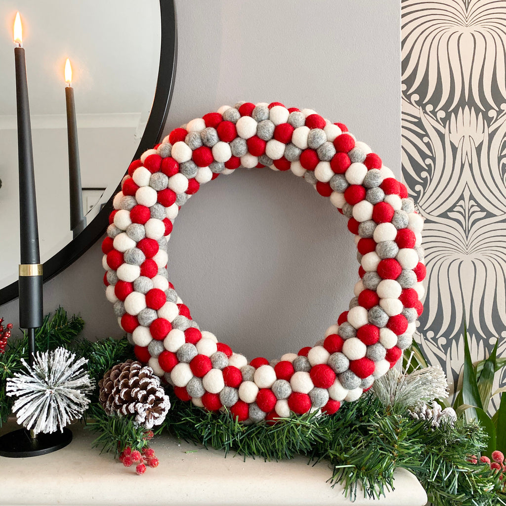 Red, Grey and White Felt Ball Pom Pom Wreath By Stone and Co - stoneandcoshop