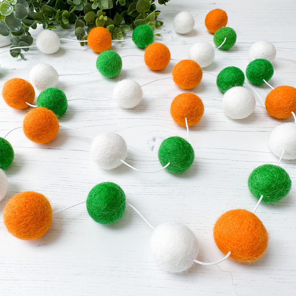 St Patricks felt ball garland in Green, White and Orange