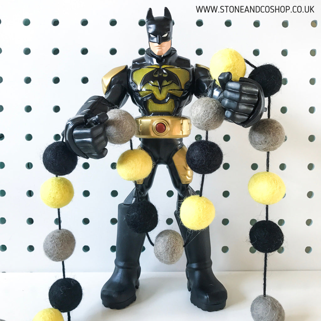 Stone and Co Felt Ball Pom Pom Garland in Batman Yellow, Black, Grey - stoneandcoshop