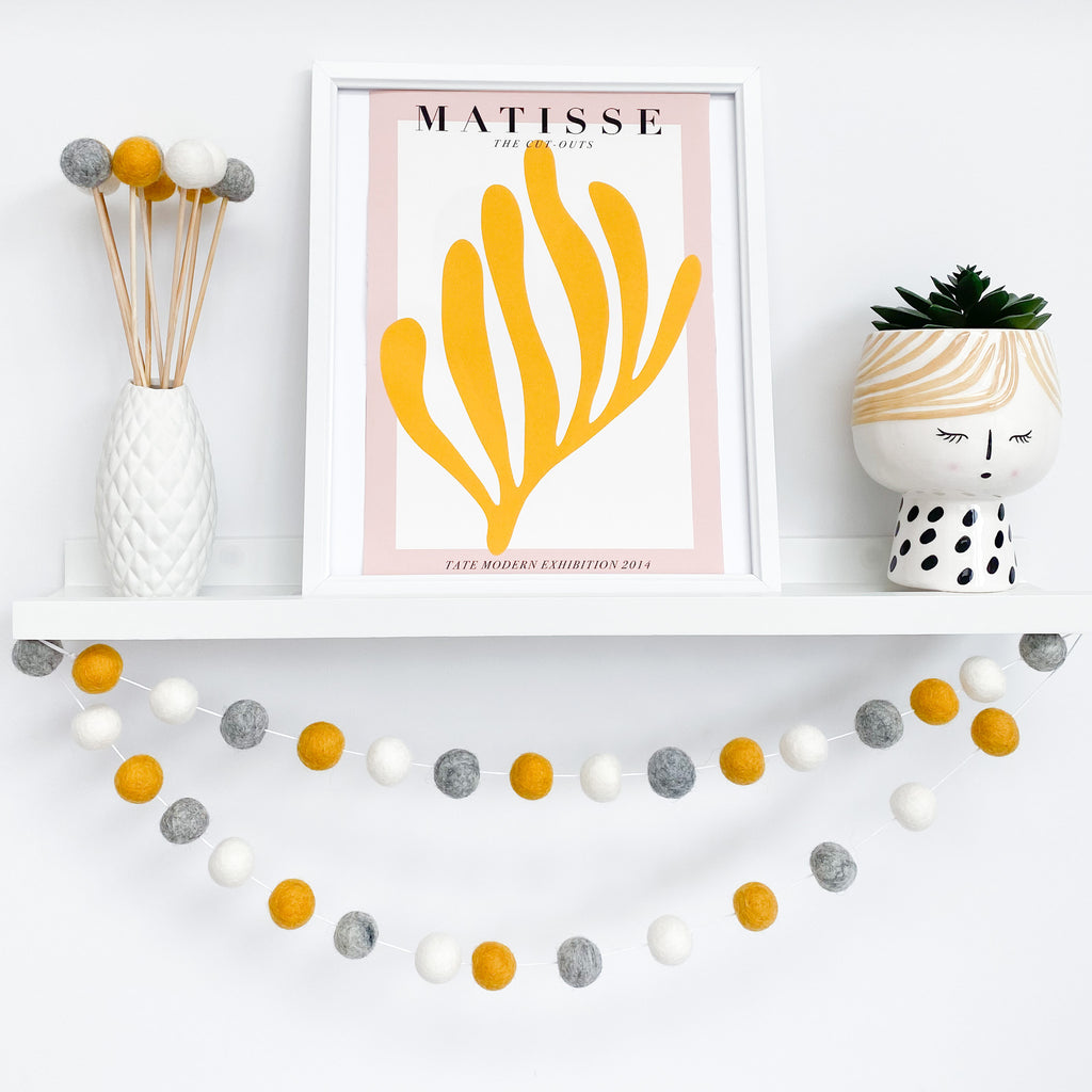 Felt Ball Pom Pom Garland Mustard, Natural Grey and Natural White By Stone and Co