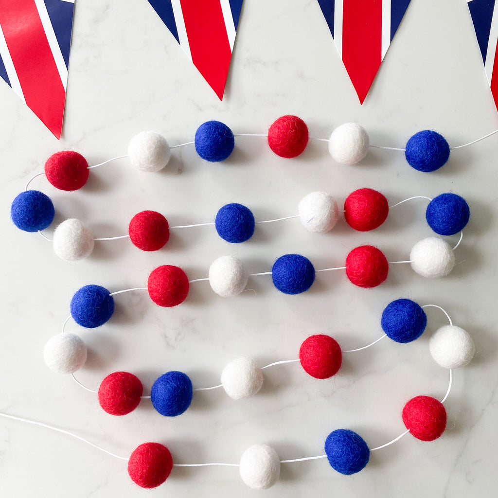 Limited Edition Kings Coronation  - Red, White and Blue Felt Ball Pom Pom Garland By Stone And Co