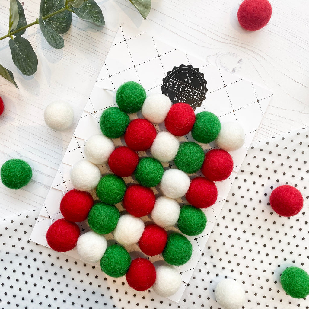 Felt Ball Pom Pom Garland - Red, Green and White - stoneandcoshop