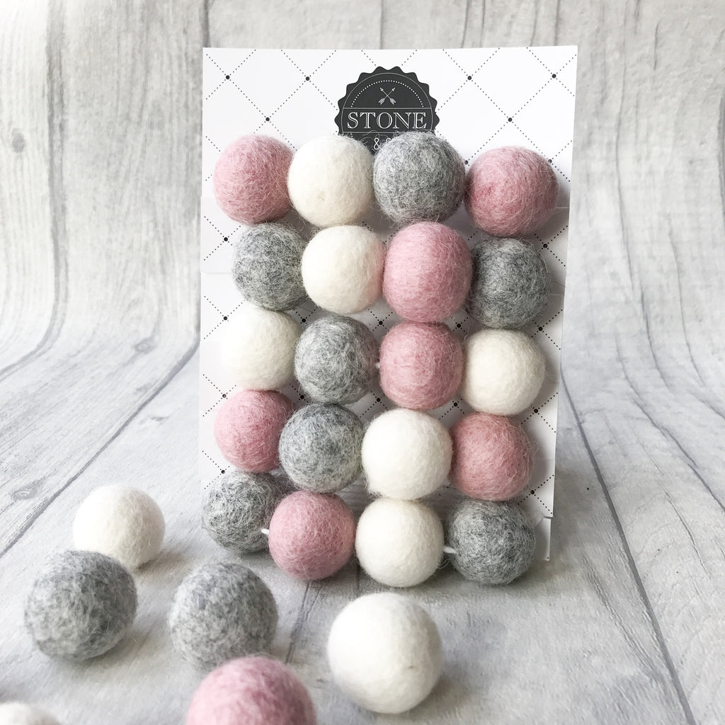 Stone and Co Felt Ball Pom Garland Dusty Pink, Natural Grey and Natural White - stoneandcoshop