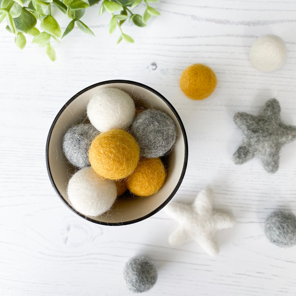 Felt Star and Ball Pom Garland Mustard, Grey and White By Stone And Co - stoneandcoshop