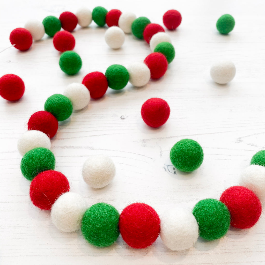 Felt Ball Pom Pom Garland - Red, Green and White - stoneandcoshop