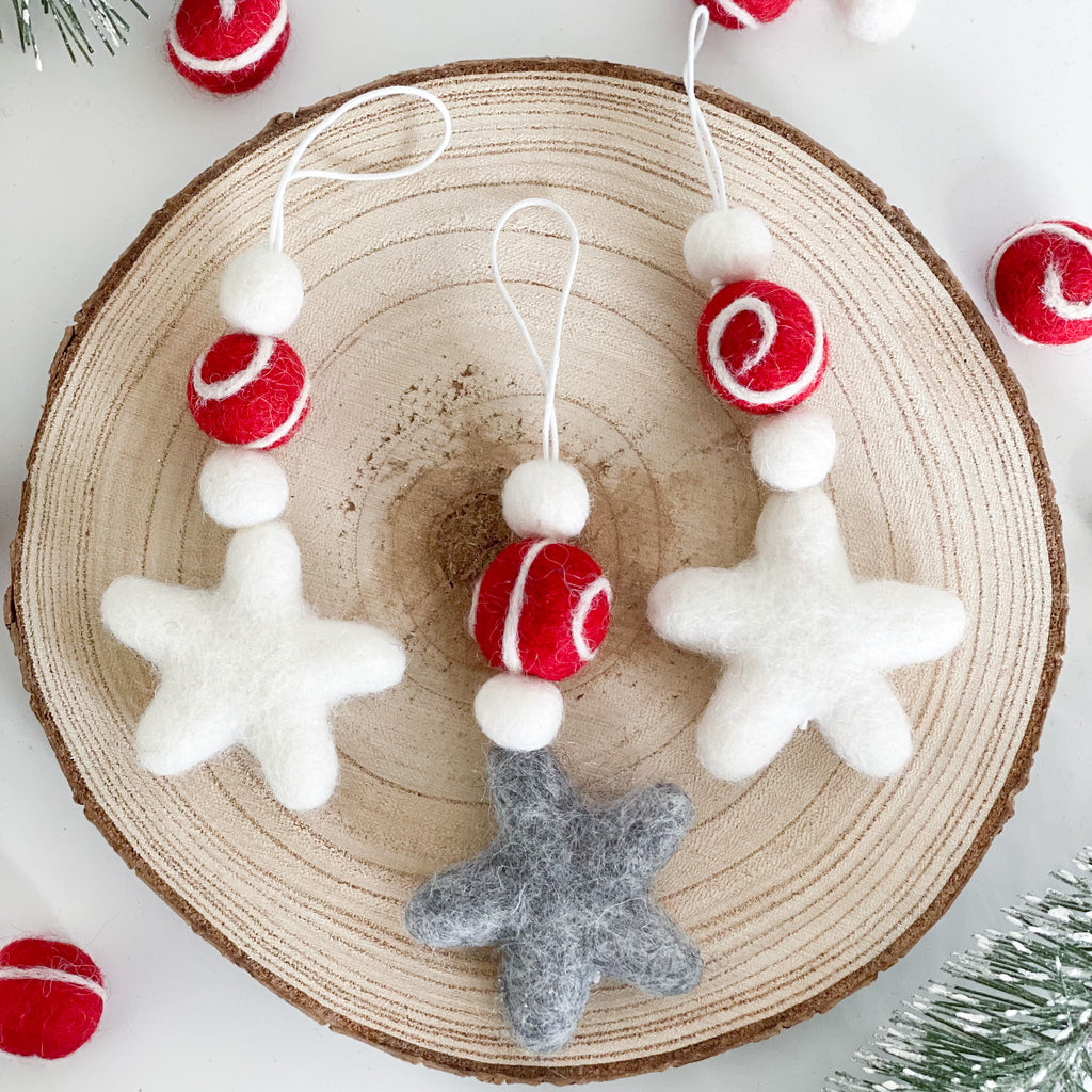 Hanging Felt Star Decorations in Grey, White and Red