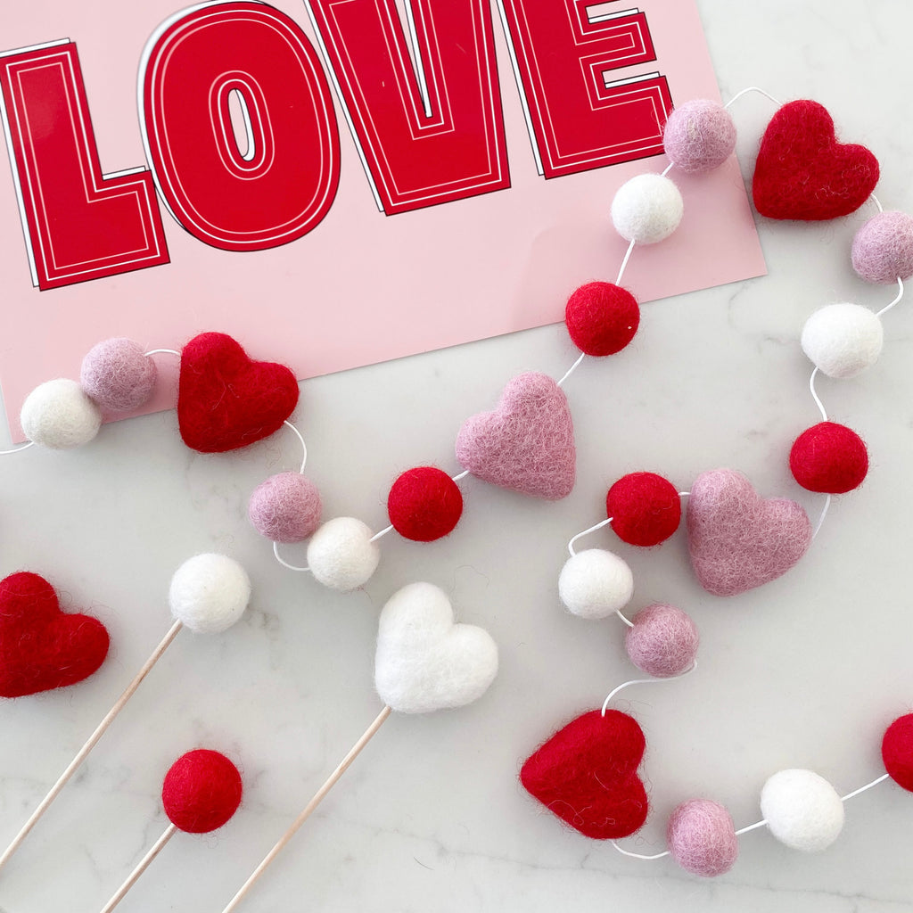 Heart and Ball Pom Pom Garland In Red, Dusty Pink and White