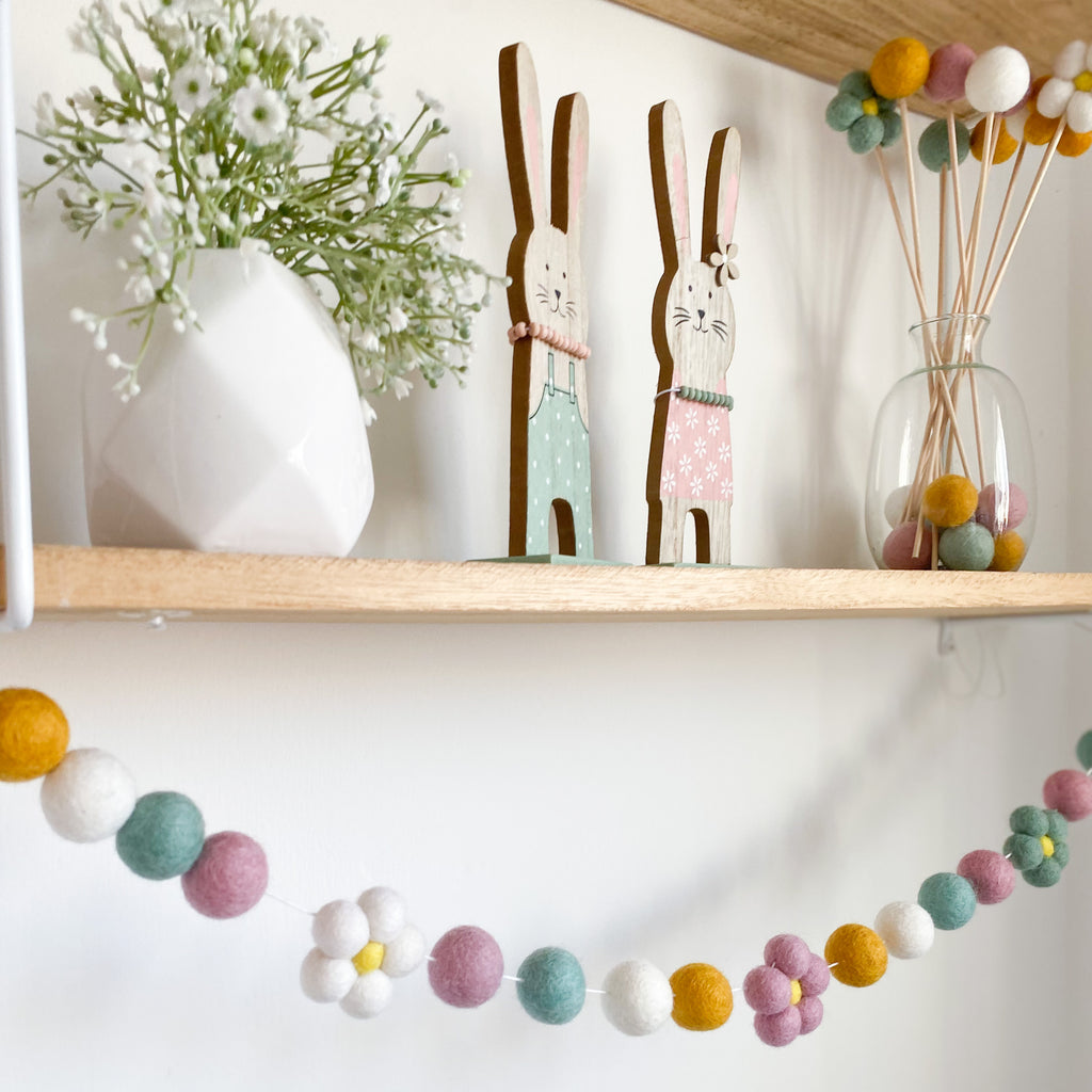 Spring Felt Flower and  Ball Pom Pom Garland By Stone And Co