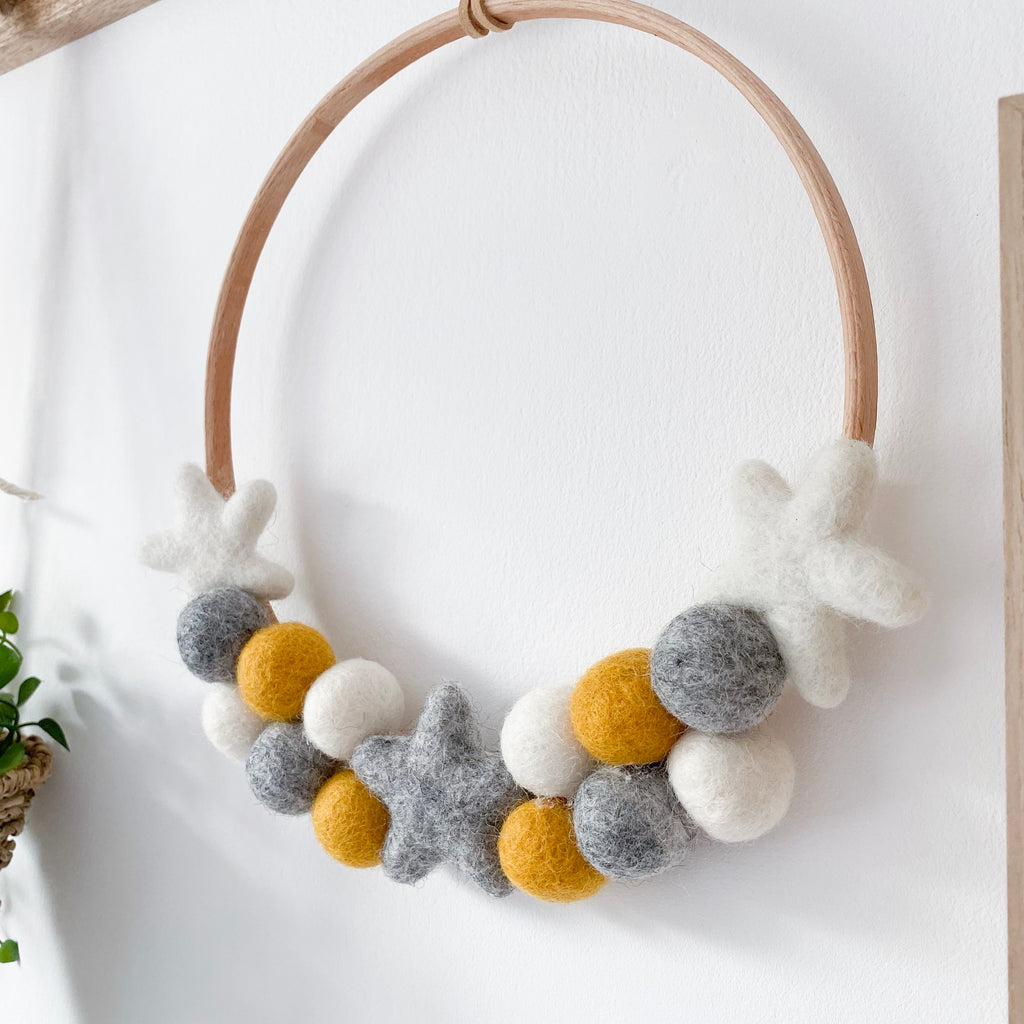 Felt Ball And Star Hoop In Mustard, Grey and White.  By Stone & Co - stoneandcoshop