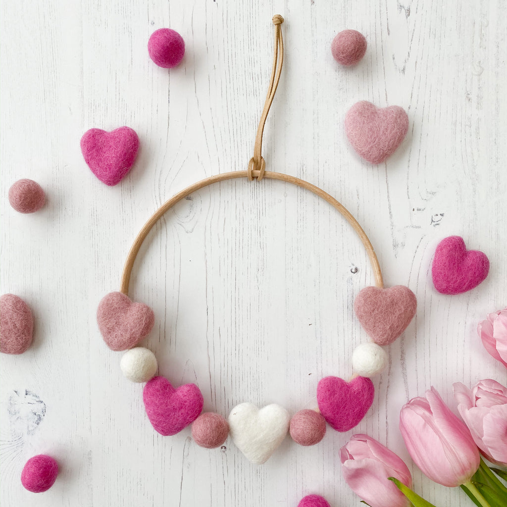 Valentines Felt Heart and Ball Hoop In Dusty Pink, Hot Pink and White.  By Stone & Co - stoneandcoshop