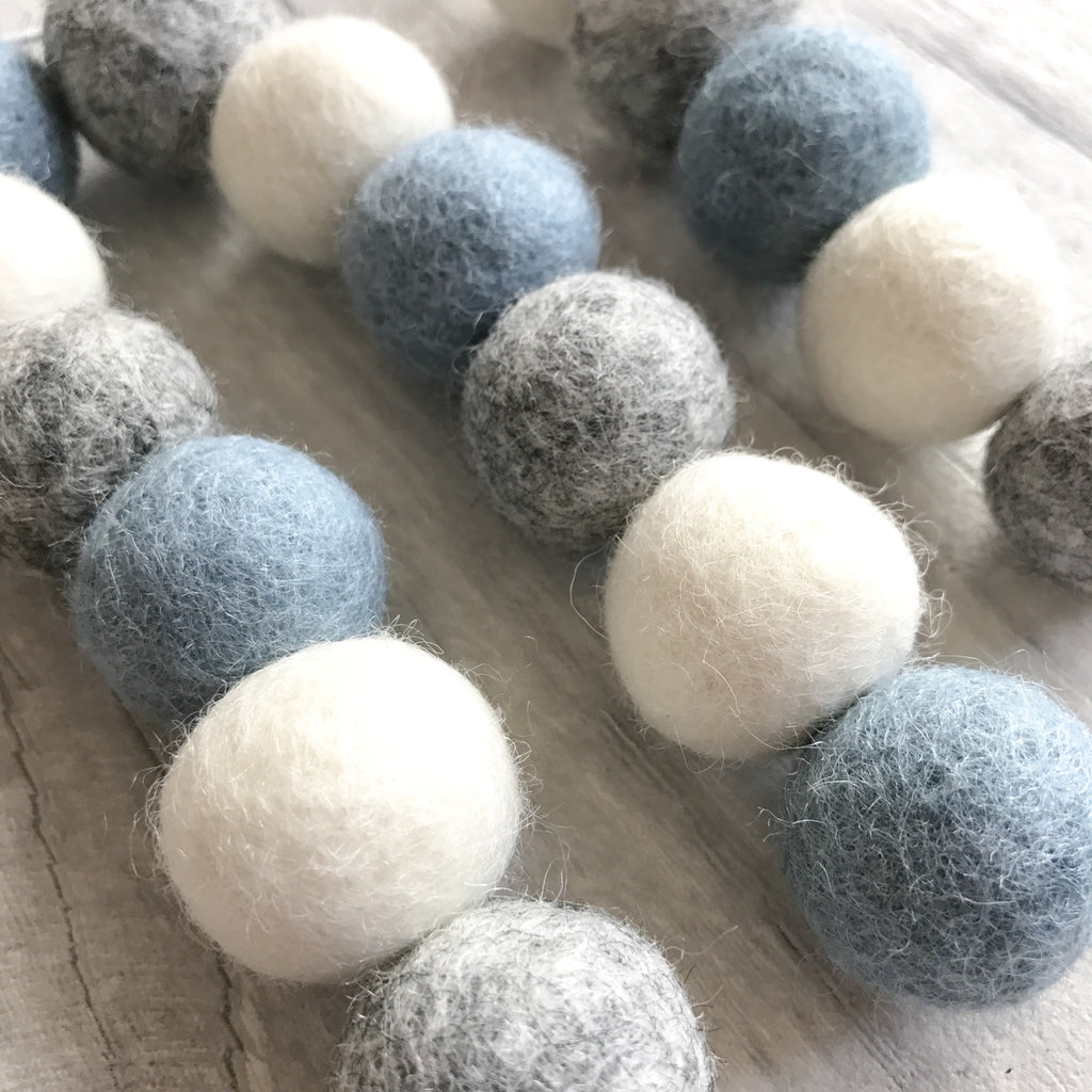 Stone and Co Felt Ball Pom Garland Dusty Blue, Natural Grey And White - stoneandcoshop