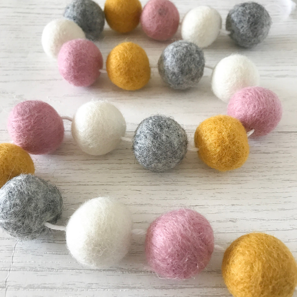 Stone and Co Felt Ball Pom Garland Dusty Pink, Natural Grey, Mustard and Natural White - stoneandcoshop
