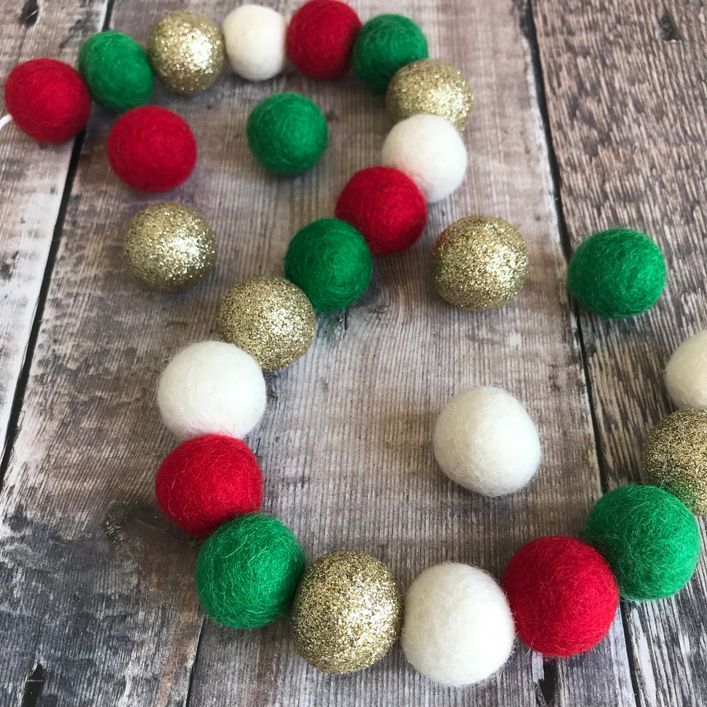 Christmas Felt Ball Pom Pom Garland - Noel in Green, Gold, Red, White - stoneandcoshop