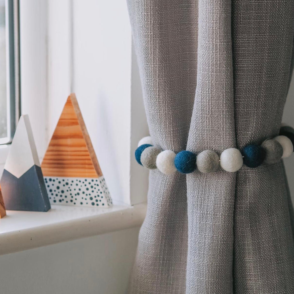 Curtain Felt Ball Tie Backs In Dove Grey, Petrol and White - stoneandcoshop