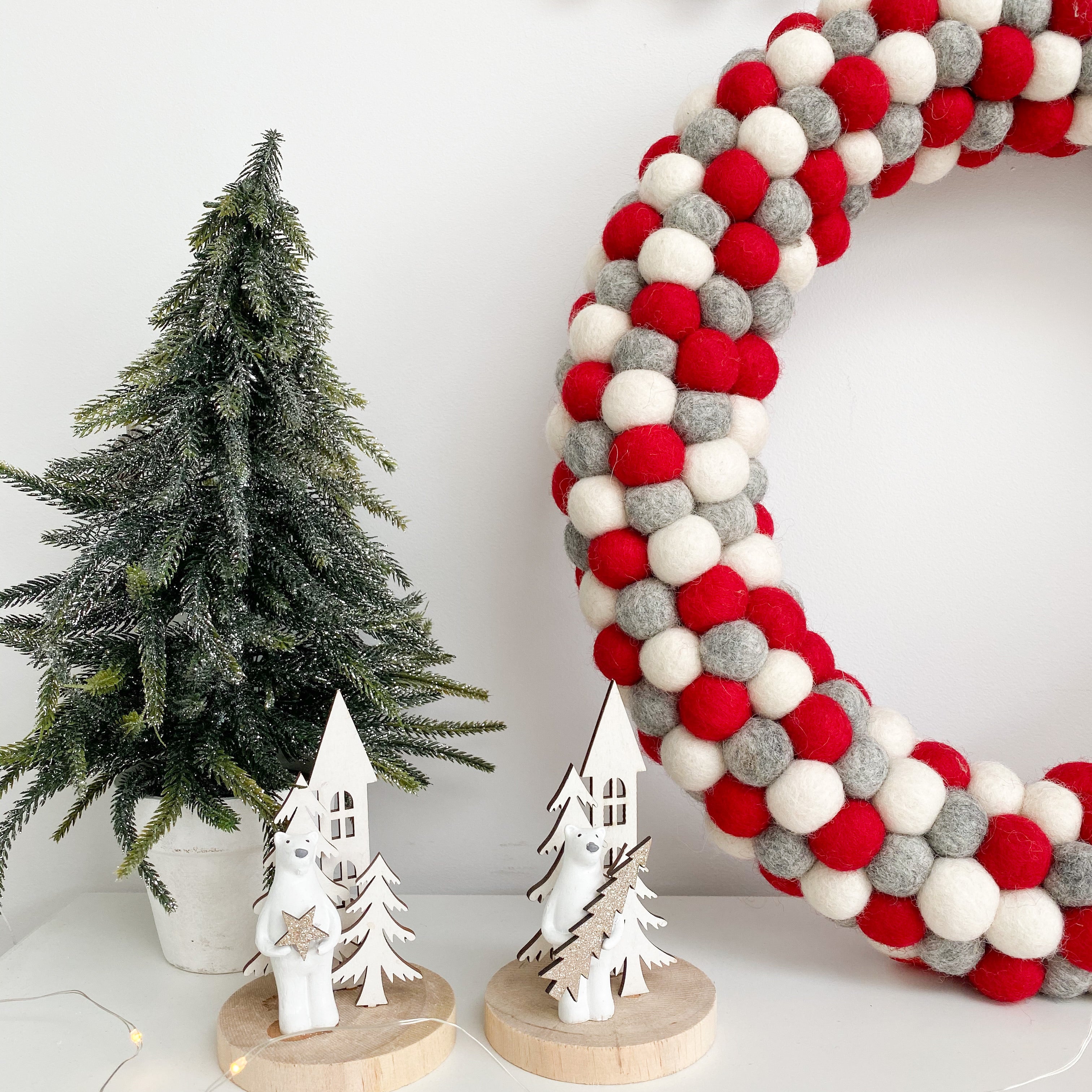 Felt Ball Wreath, Grey, White and Red, Made shops from Wool Felt