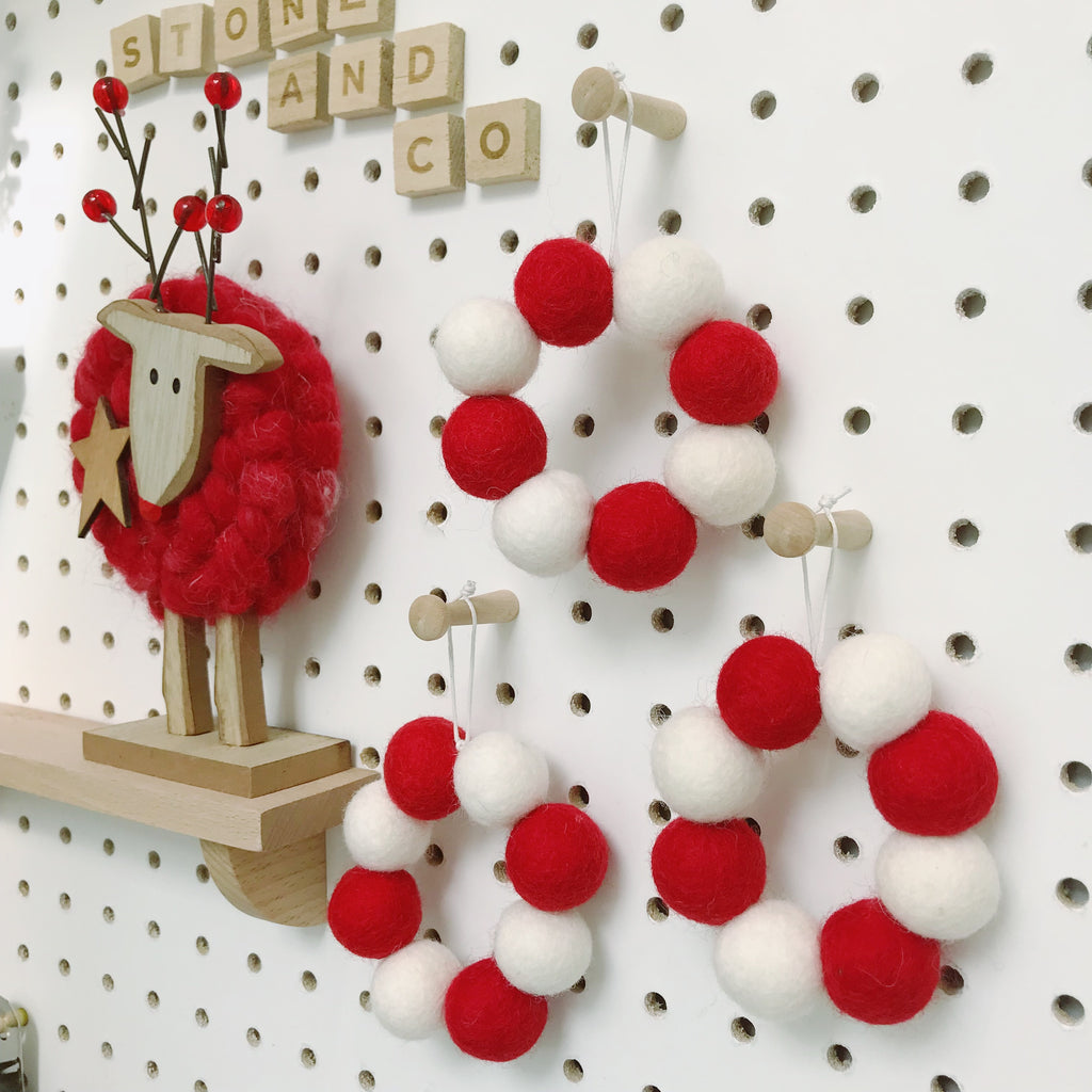 Mini Hanging Felt Ball Wreaths - Red and White - Set of Three - stoneandcoshop