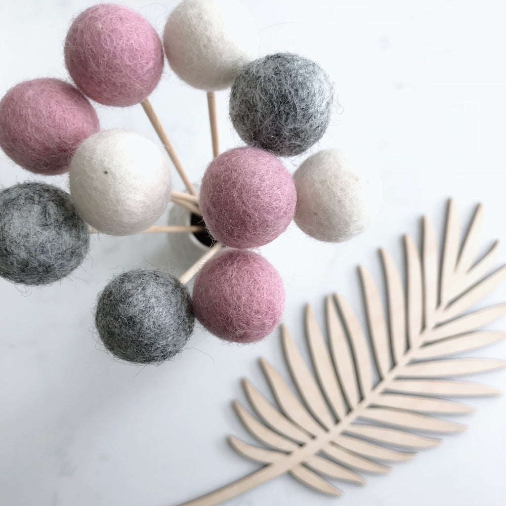Felt Ball Flowers in Dusty Pink, Natural Grey and Natural White - stoneandcoshop