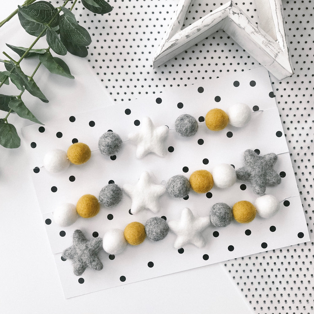 Felt Star and Ball Pom Garland Mustard, Grey and White By Stone And Co - stoneandcoshop