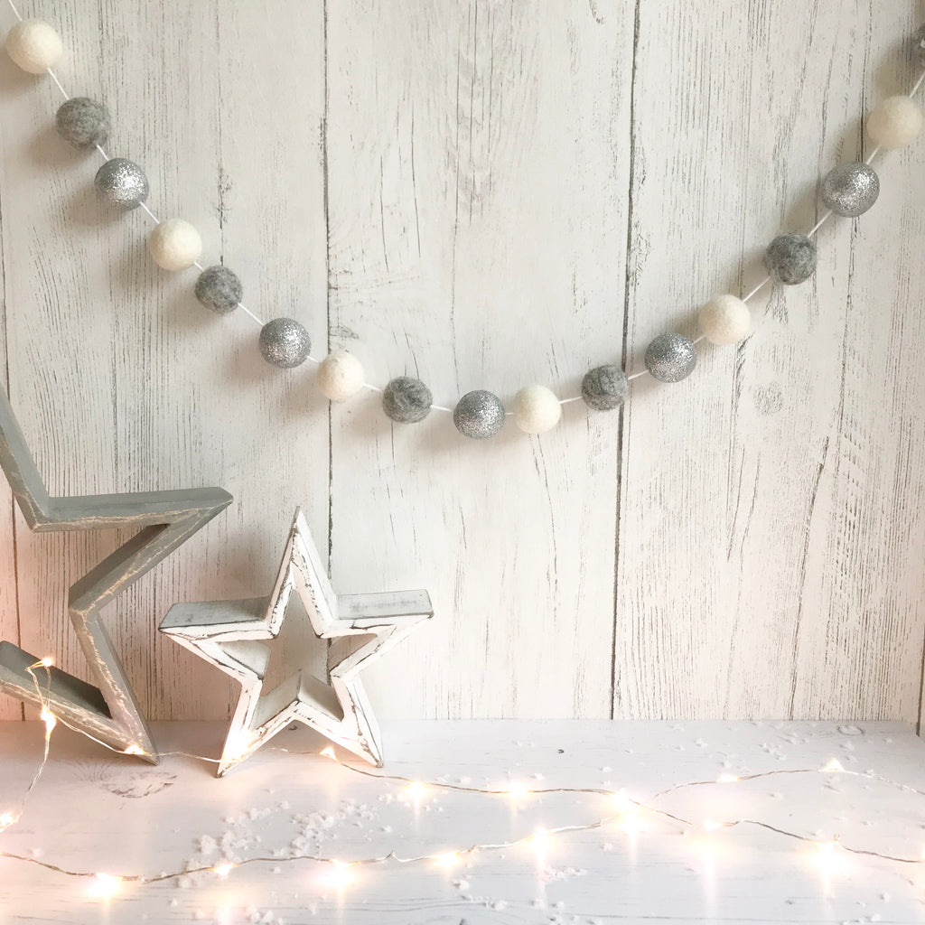 Felt ball Pom Pom garland - White in Silver, Natural Grey, Natural White - stoneandcoshop