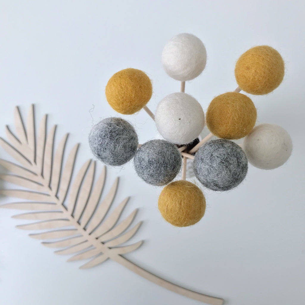 Felt Ball Flowers in Mustard, Natural Grey and Natural White - stoneandcoshop