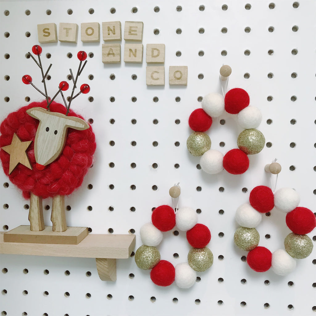 Mini Hanging Felt Ball Wreaths - Red,  White and Glitter Gold - Set of Three - stoneandcoshop