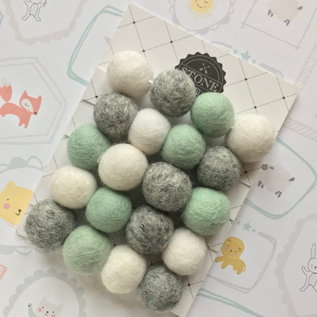 Felt Ball Pom Pom Garland Pastel Mint, Natural Grey and Pure White By Stone and Co - stoneandcoshop
