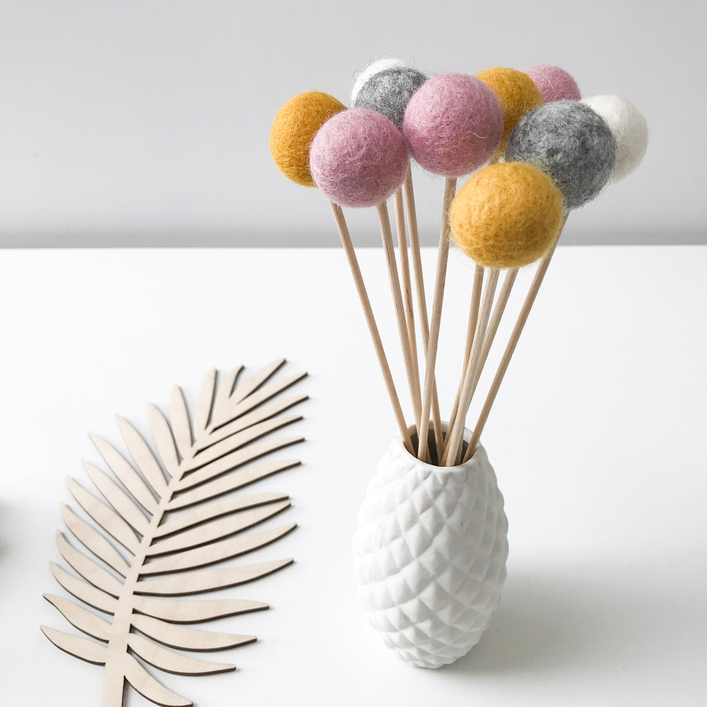 Felt Ball Flowers in Mustard, Pink, Natural Grey and Natural White - stoneandcoshop