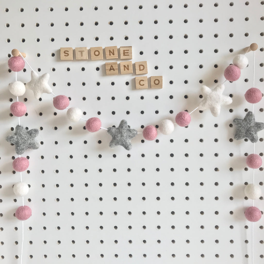 Stone and Co Felt Star and Ball Pom Garland in Pink, Grey and White - stoneandcoshop