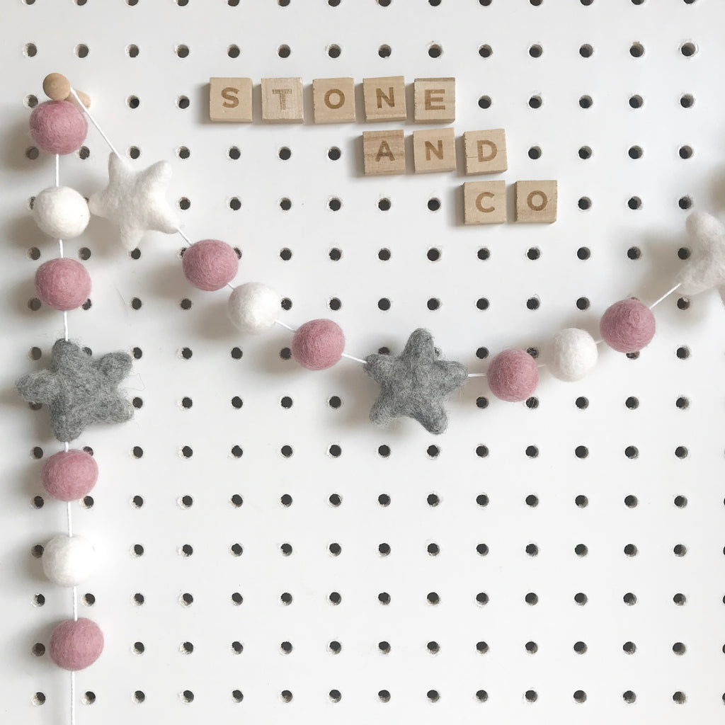 Stone and Co Felt Star and Ball Pom Garland in Pink, Grey and White - stoneandcoshop
