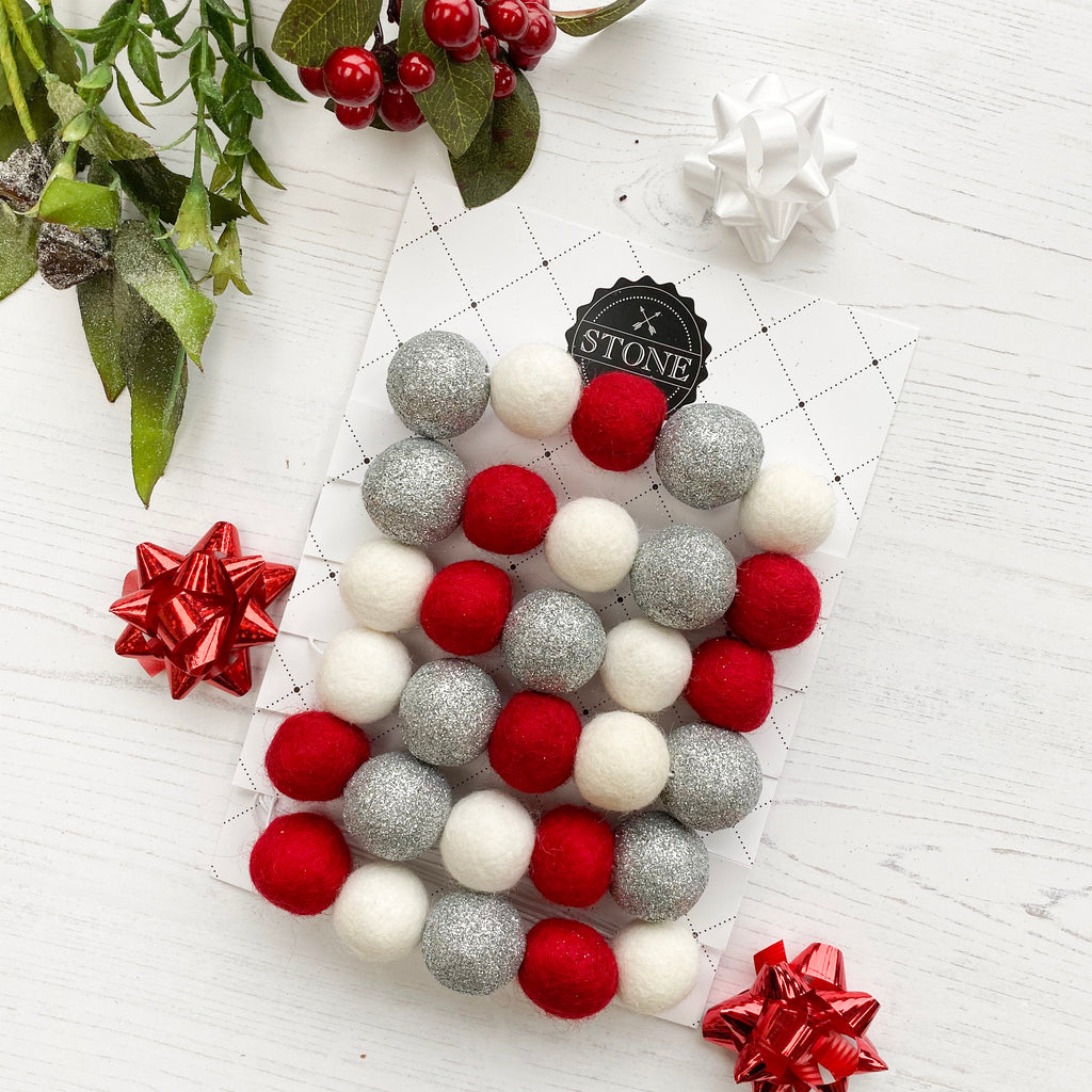 Christmas Felt Ball Pom Pom Garland - Jingle Bells in Silver, Red and White - stoneandcoshop