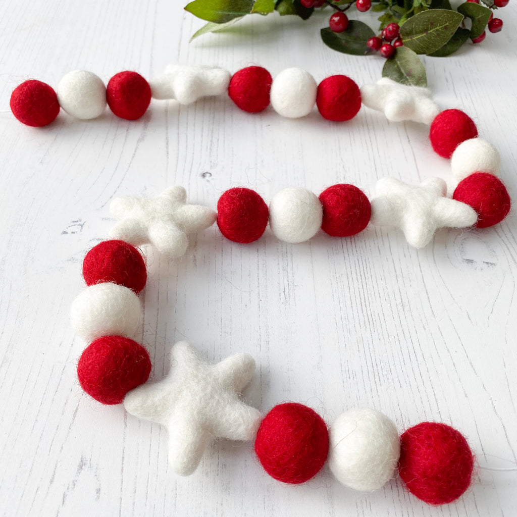 Christmas Felt Star and Ball Pom Garland Red and White By Stone And Co - stoneandcoshop