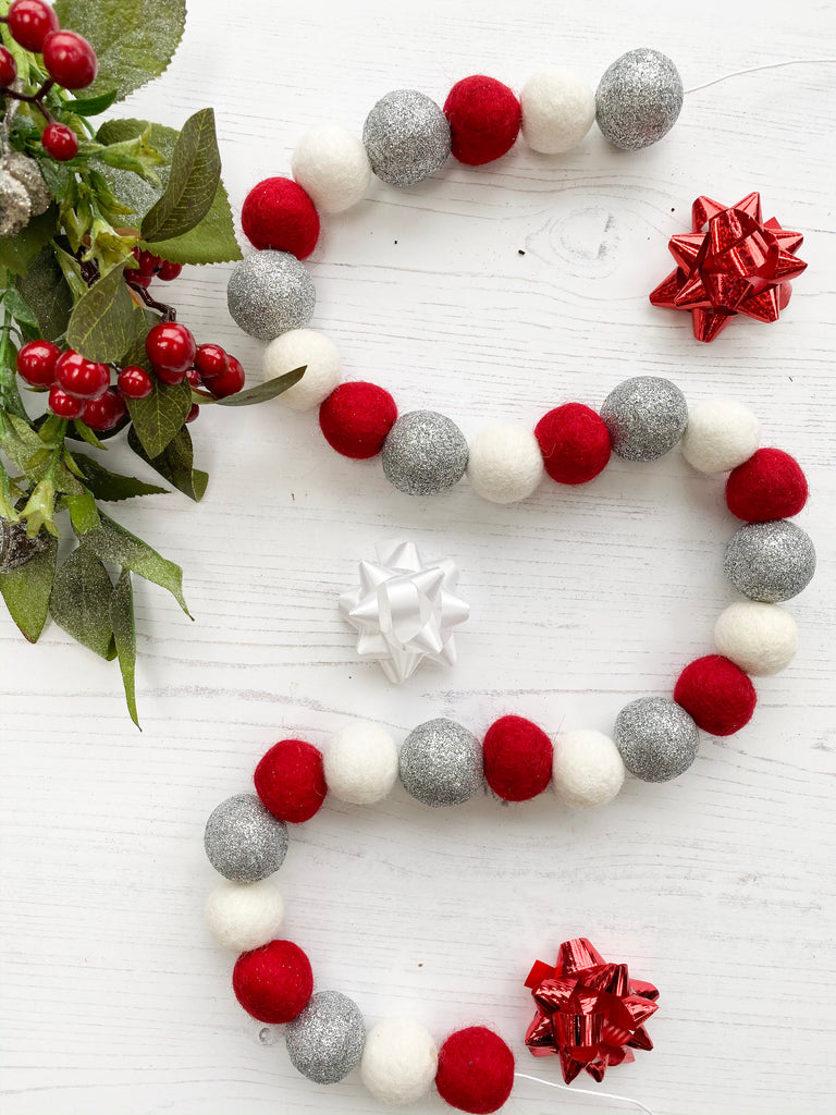 Christmas Felt Ball Pom Pom Garland - Jingle Bells in Silver, Red and White - stoneandcoshop