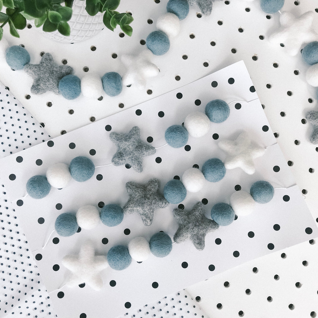 Felt Star and Ball Pom Garland Blue, Grey and White By Stone And Co - stoneandcoshop