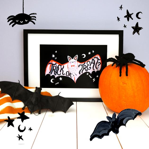 Trick or Treat Halloween Bat print by Eleanor Bowmer