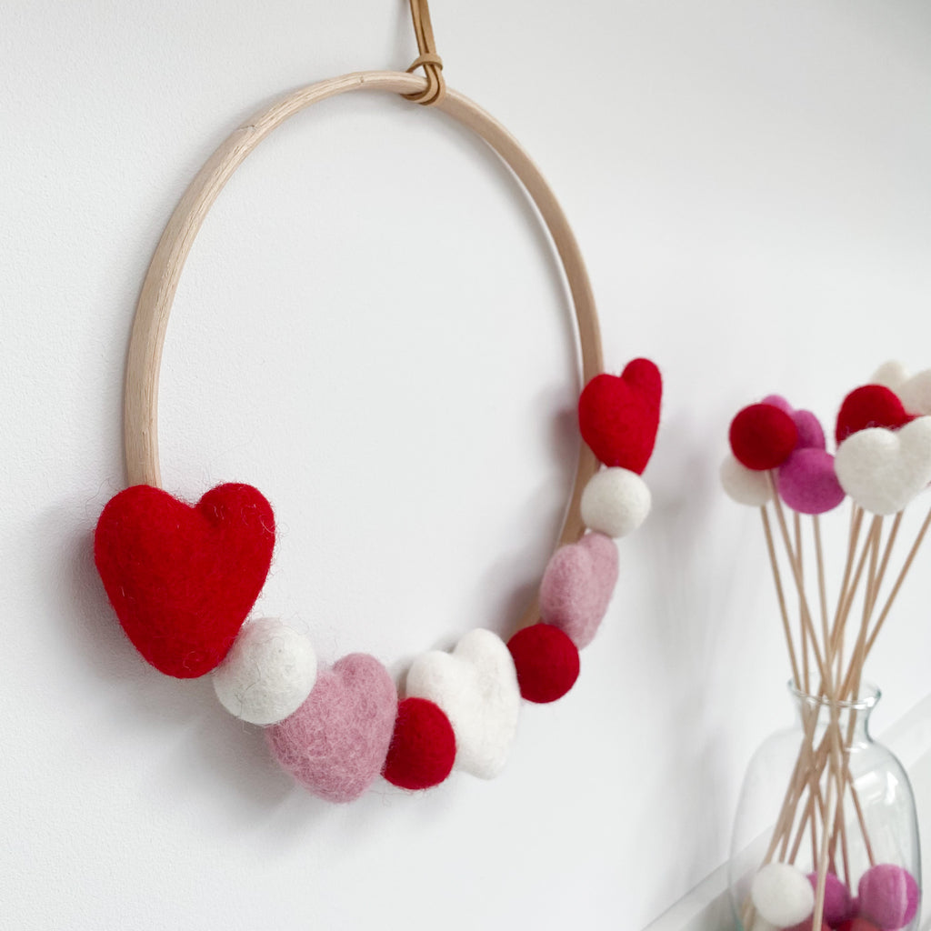 Valentines Felt Heart and Ball Hoop In Red, Pink and White.  By Stone & Co