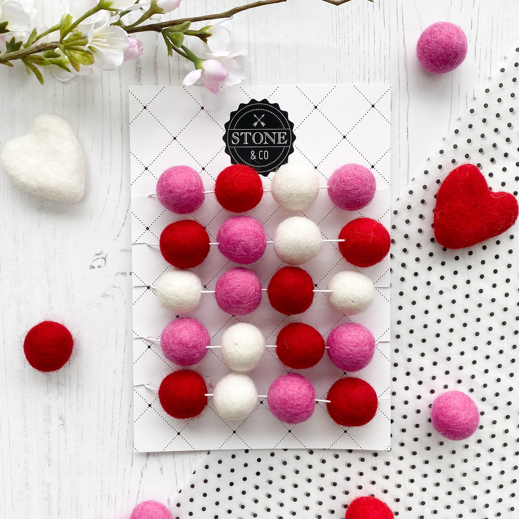 Valentine Felt Ball Pom Garland in Red, Hot Pink and White - Stone and Co Felt - stoneandcoshop