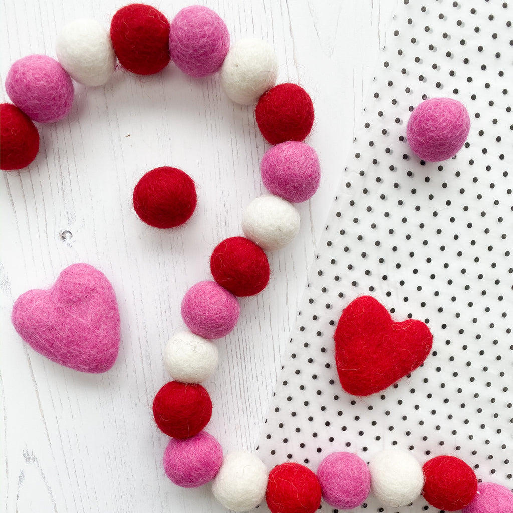Valentine Felt Ball Pom Garland in Red, Hot Pink and White - Stone and Co Felt - stoneandcoshop