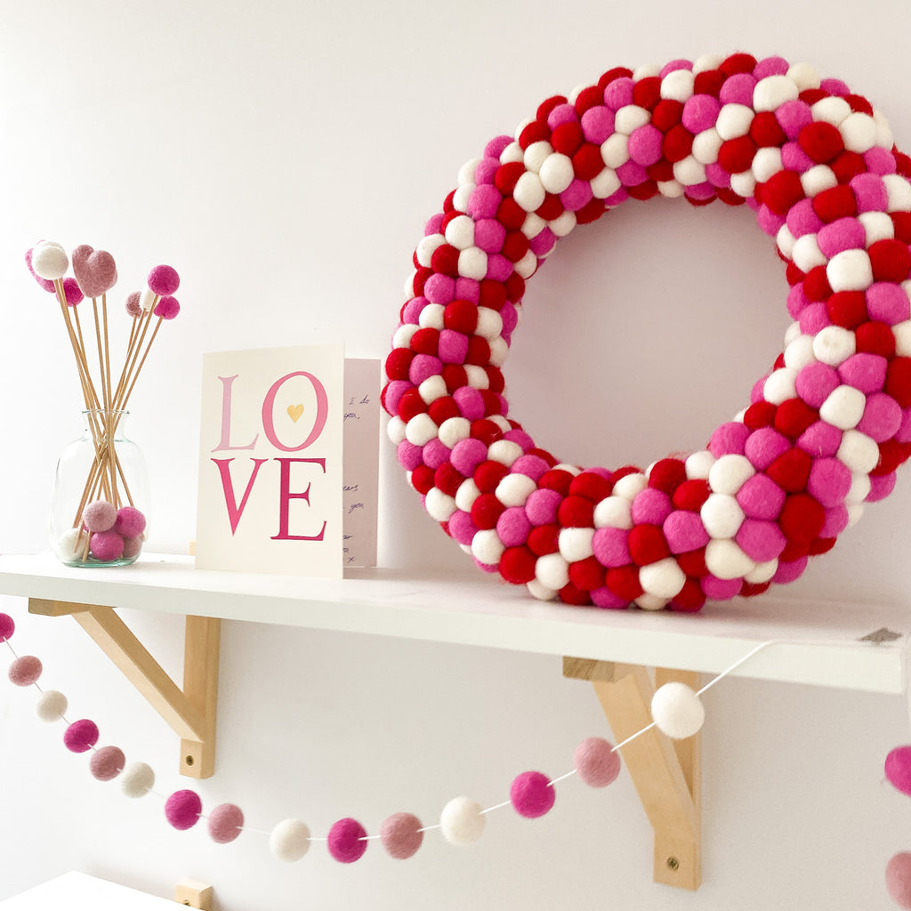 Valentine's felt ball wreath in Red, Pink and White By Stone and Co