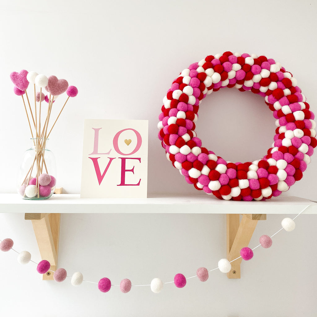 Valentine's felt ball wreath in Red, Pink and White By Stone and Co