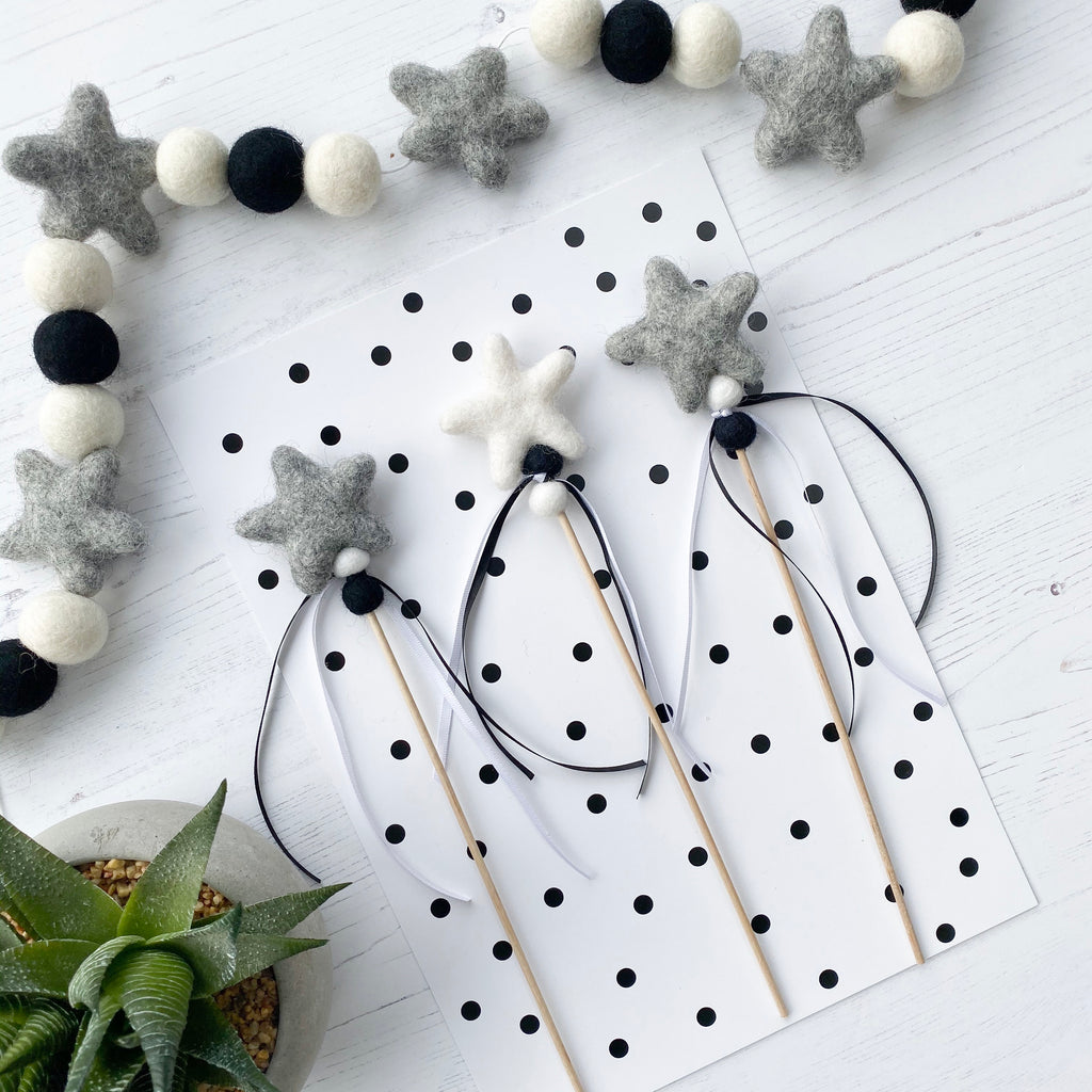 Felt Star Fairy and Wizard Wands in Grey and White - stoneandcoshop
